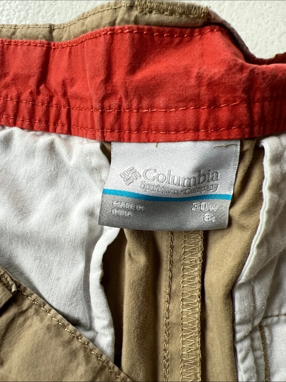 Columbia Men's Tan Cargo Shorts with Navy Logo Patch